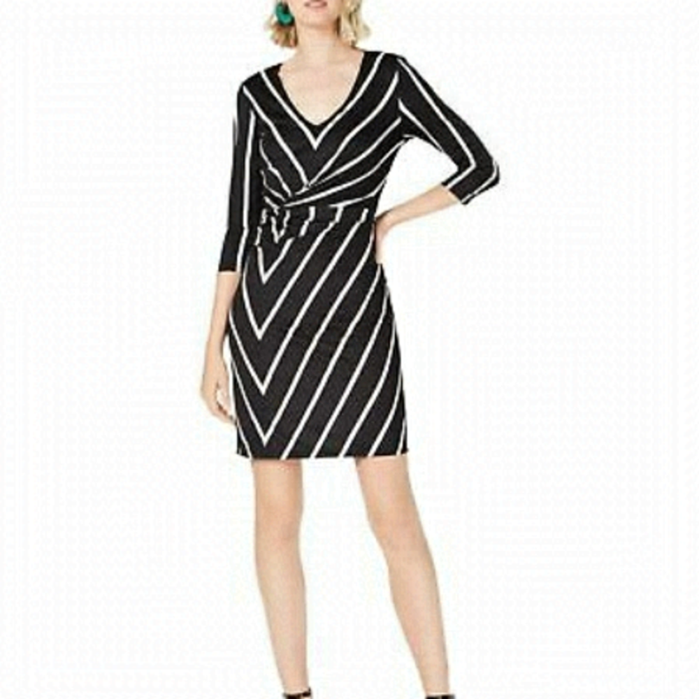 Faux wraparound dress slimming black white dress  3/4 sleeve